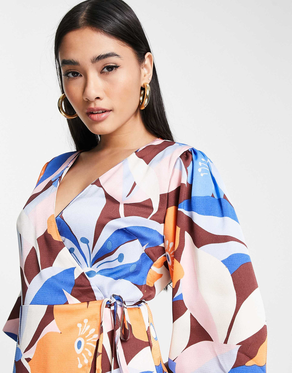 Liquorish Wrap Midi Dress With Puff Sleeve In Overscaled Brown Floral