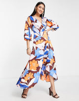 Liquorish Wrap Midi Dress With Puff Sleeve In Overscaled Brown Floral
