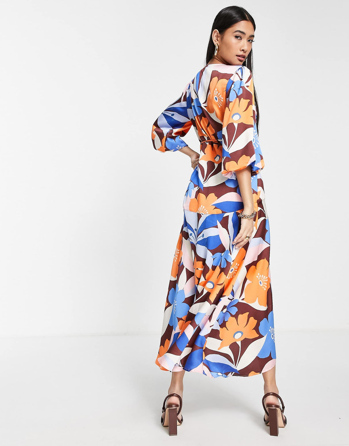 Liquorish Wrap Midi Dress With Puff Sleeve In Overscaled Brown Floral
