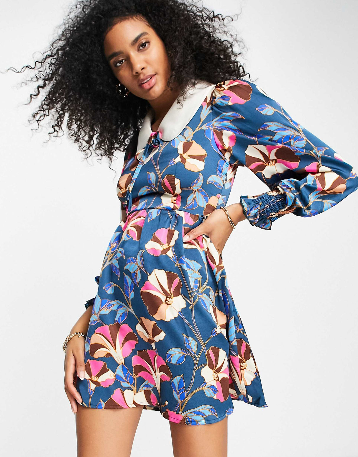Liquorish Mini Dress With Ruched Yolk And Collar In Blue Floral