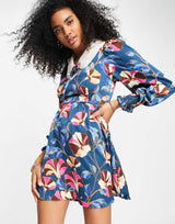 Liquorish Mini Dress With Ruched Yolk And Collar In Blue Floral