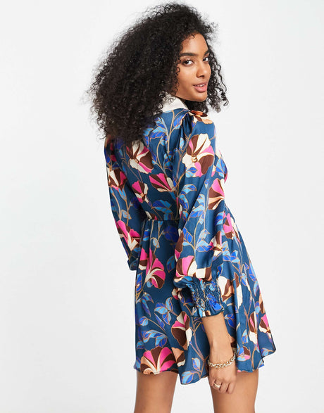 Liquorish Mini Dress With Ruched Yolk And Collar In Blue Floral