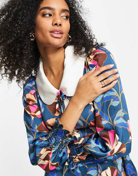 Liquorish Mini Dress With Ruched Yolk And Collar In Blue Floral