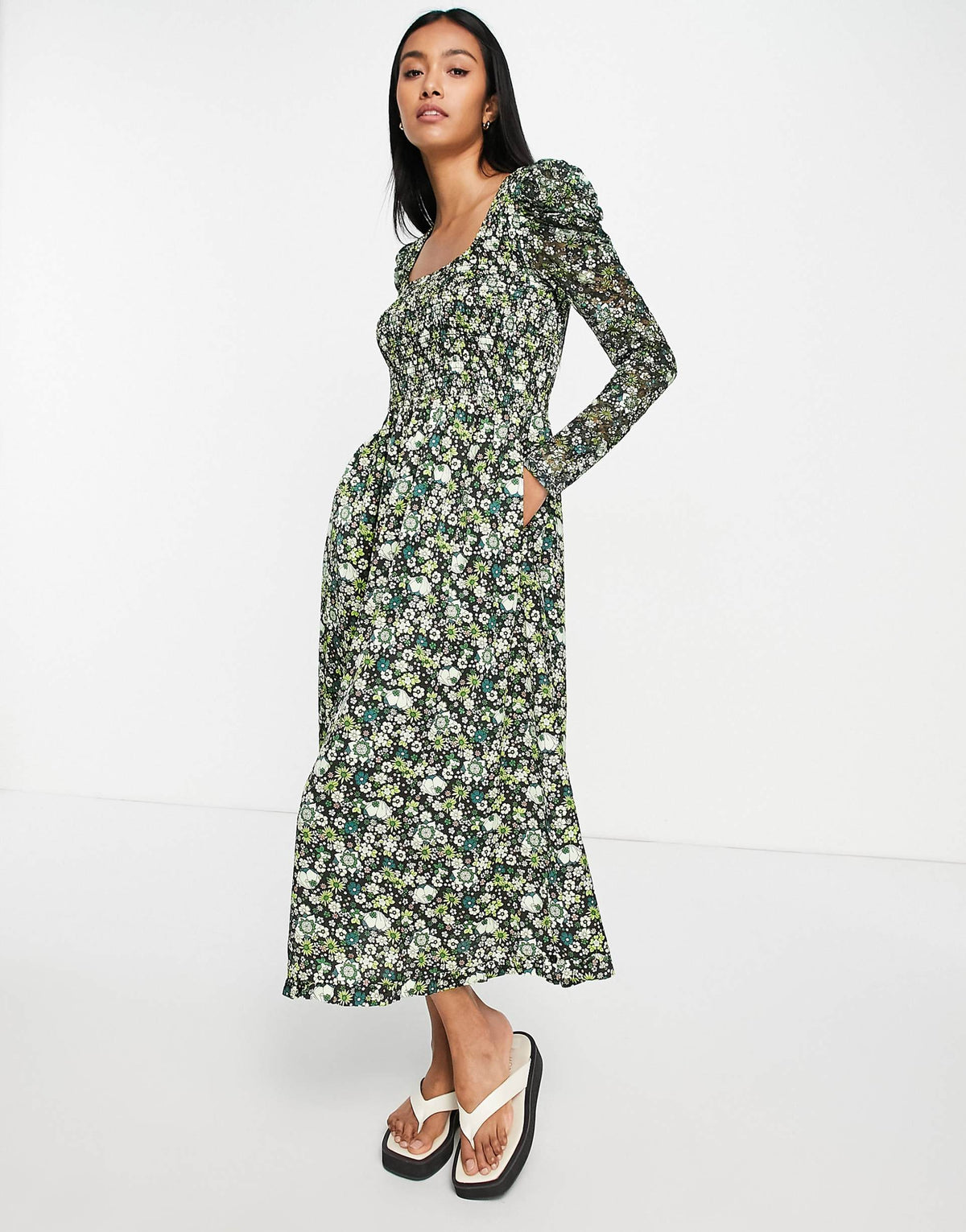 Maison Scotch Floral Print Smocked Midi Dress In Green