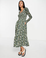 Maison Scotch Floral Print Smocked Midi Dress In Green