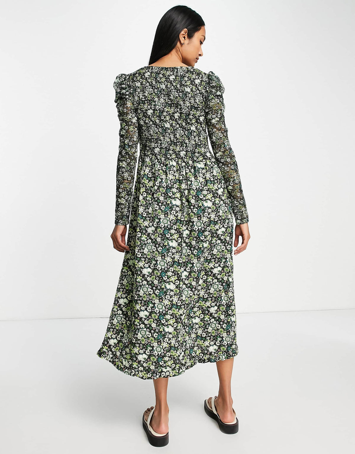 Maison Scotch Floral Print Smocked Midi Dress In Green