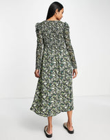 Maison Scotch Floral Print Smocked Midi Dress In Green