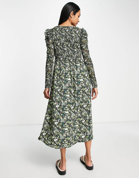 Maison Scotch Floral Print Smocked Midi Dress In Green