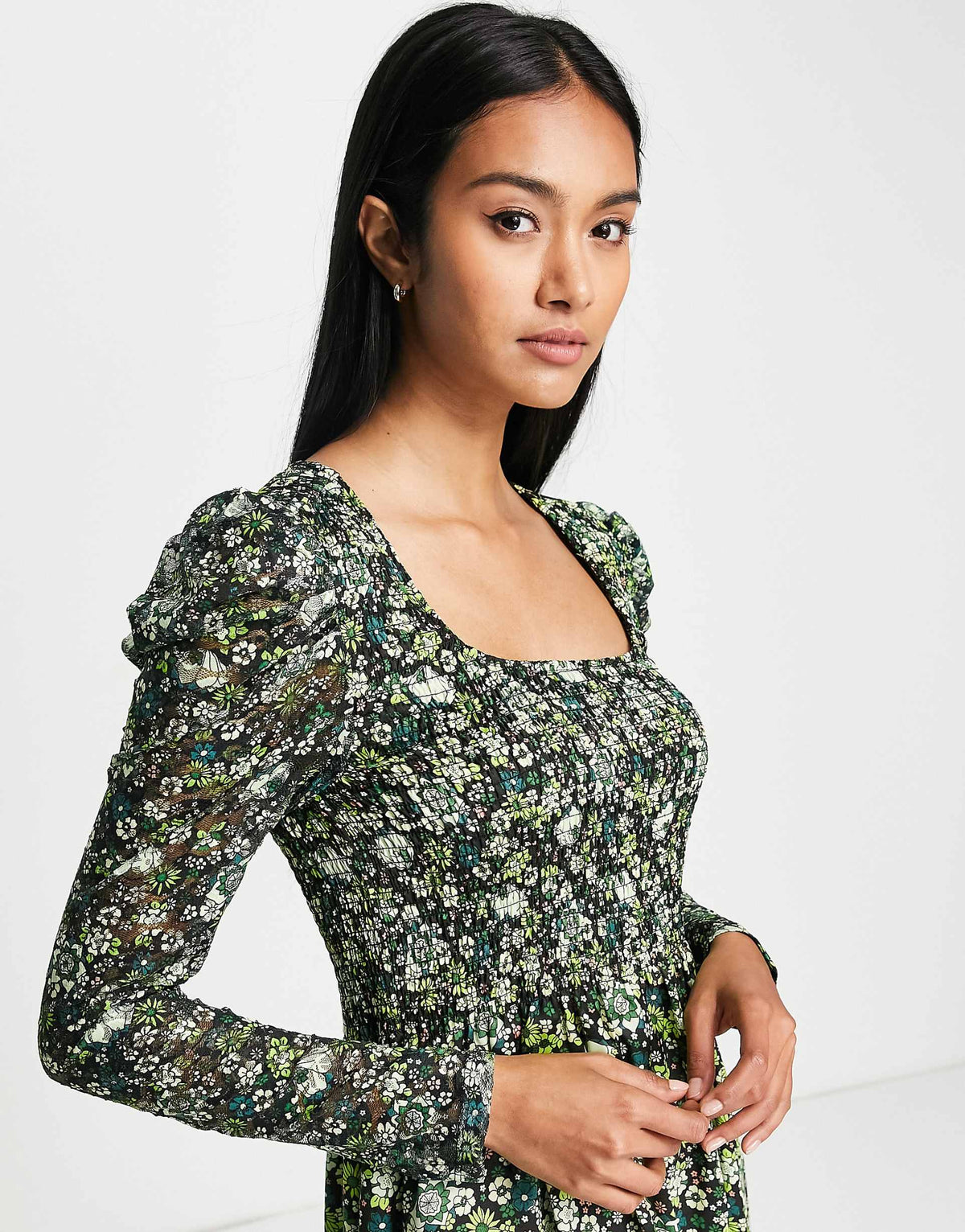 Maison Scotch Floral Print Smocked Midi Dress In Green