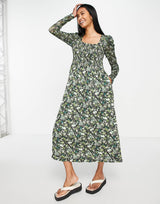 Maison Scotch Floral Print Smocked Midi Dress In Green