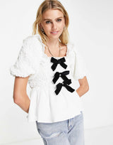 River Island Textured Bow Detail Top In White