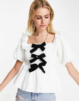 River Island Textured Bow Detail Top In White