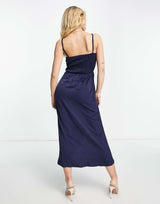 Little Mistress Satin Wrap Dress In Navy