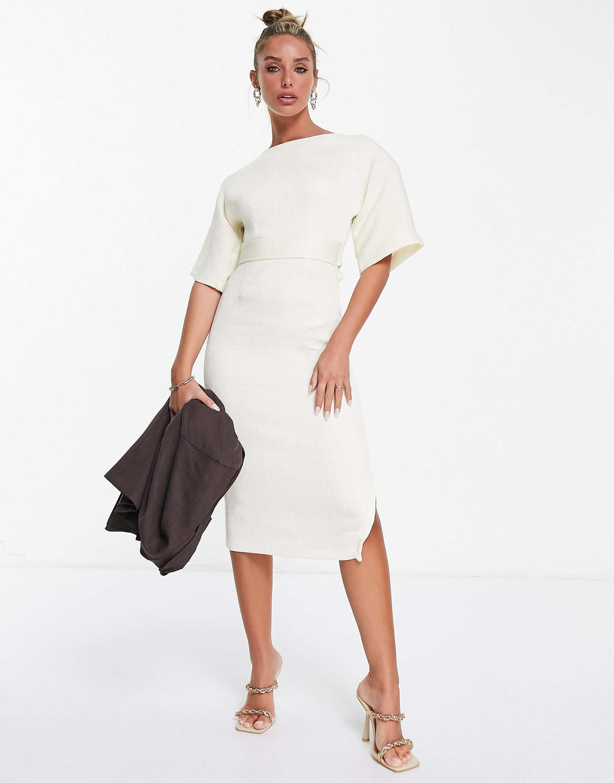 Closet London Ribbed Pencil Dress With Tie Belt In Stone