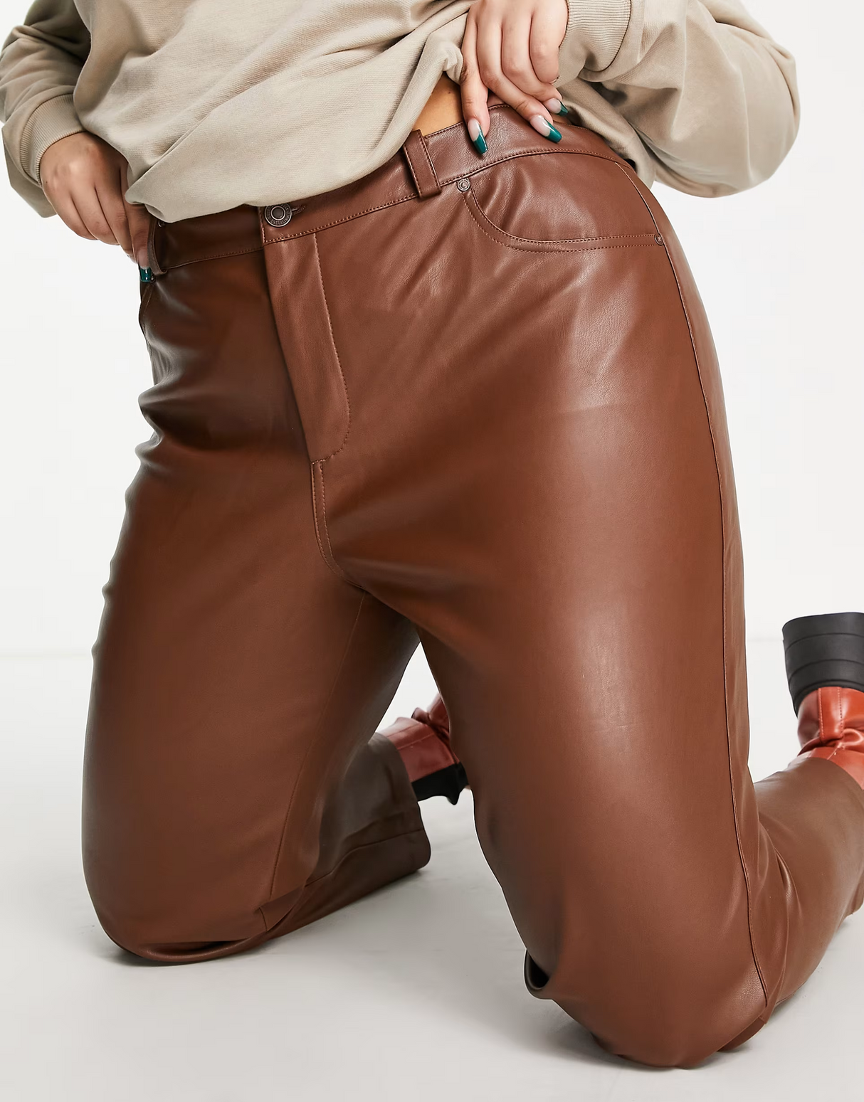 Mango Curve Faux Leather Straight Leg Trousers In Brown
