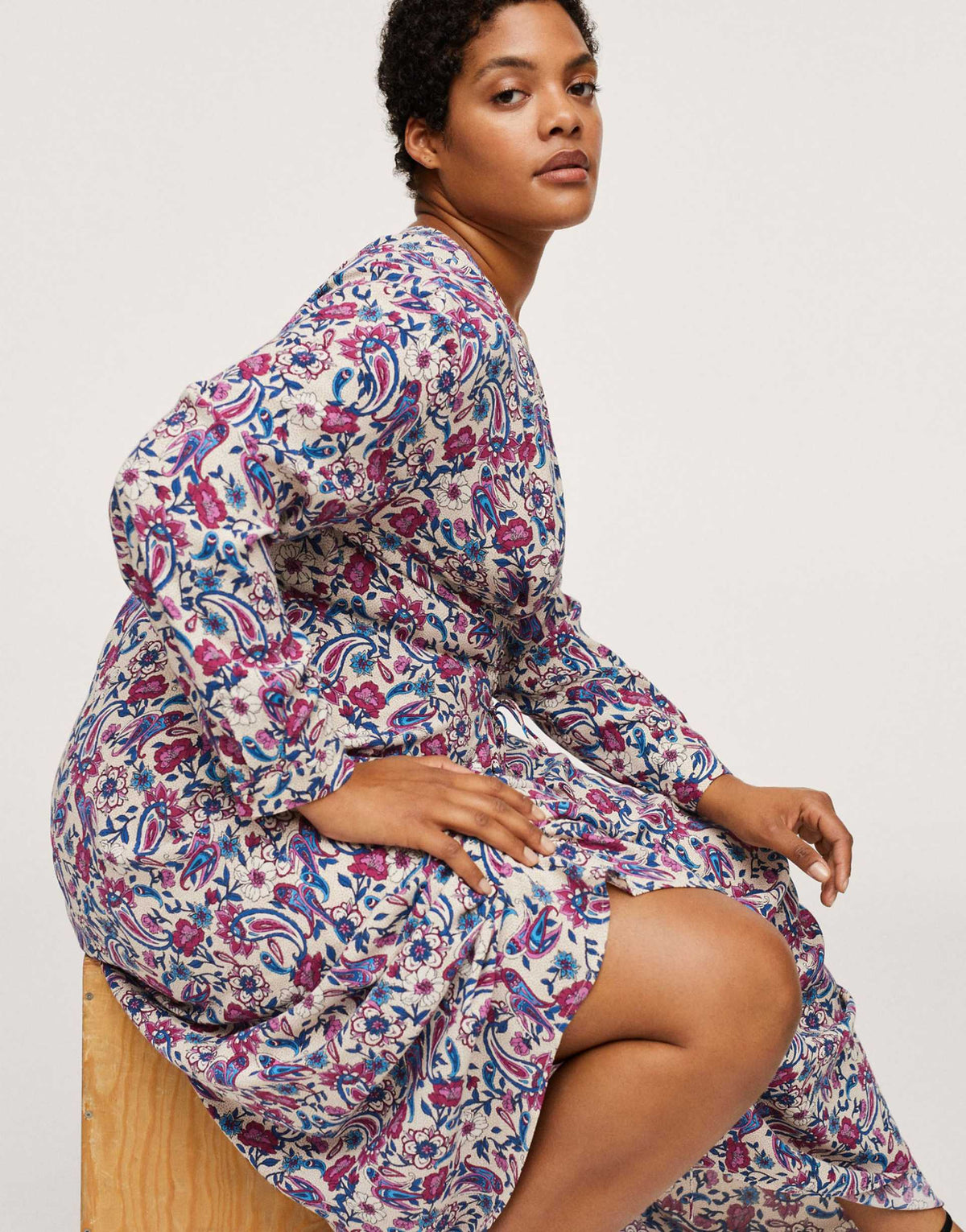Mango Curve Vintage Floral V Neck Midi Dress In Multi