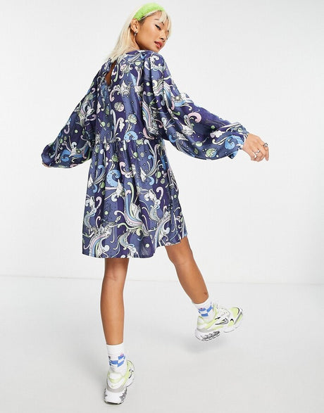 Daisy Street Long Sleeve Smock Dress In Cosmic Print
