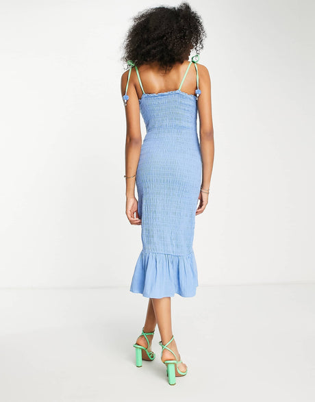 Never Fully Dressed Jojo Shirred Midi Dress In Blue