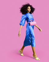 Asos Design Pleat Cowl Neck Satin Midi Tea Dress With Puff Sleeve In Cobalt