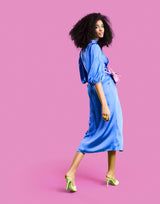 Asos Design Pleat Cowl Neck Satin Midi Tea Dress With Puff Sleeve In Cobalt