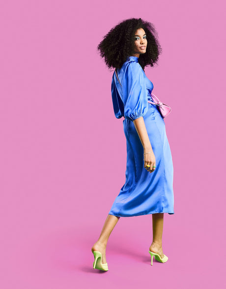 Asos Design Pleat Cowl Neck Satin Midi Tea Dress With Puff Sleeve In Cobalt