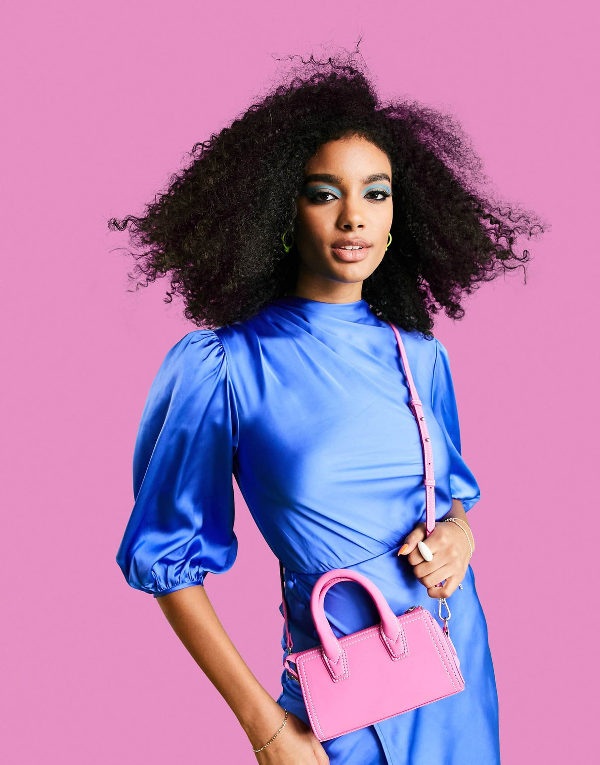 Asos Design Pleat Cowl Neck Satin Midi Tea Dress With Puff Sleeve In Cobalt