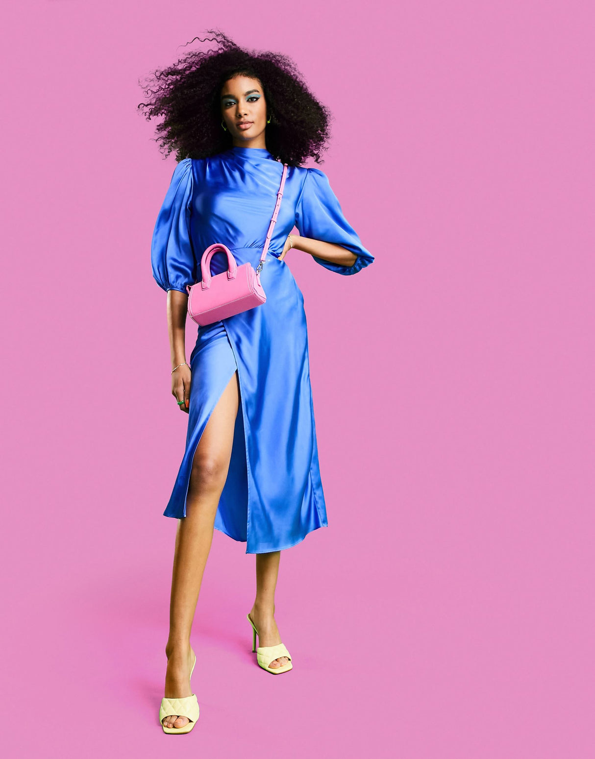 Asos Design Pleat Cowl Neck Satin Midi Tea Dress With Puff Sleeve In Cobalt