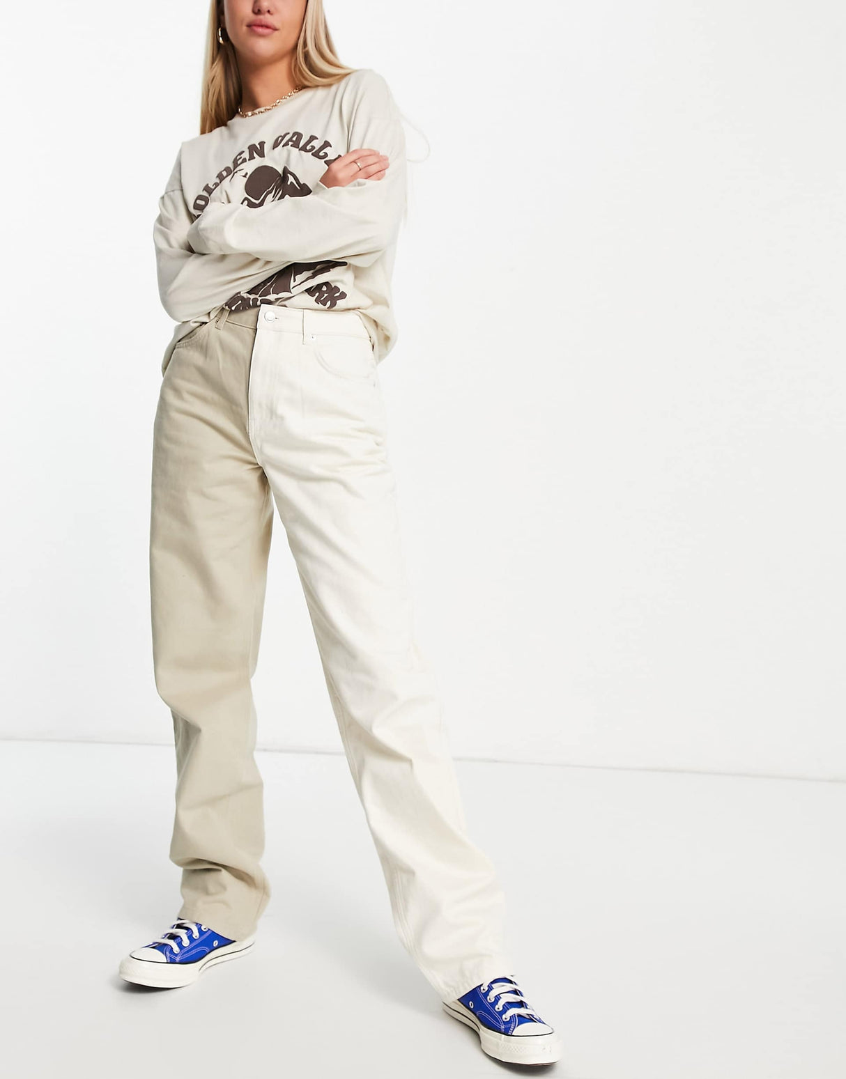Na-Kd X Josefine Two Tone Straight Leg Jeans In Beige