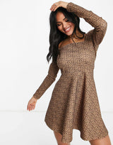Na-Kd X Pamela Leopard Print Sqaure Neck Mini Dress In Multi