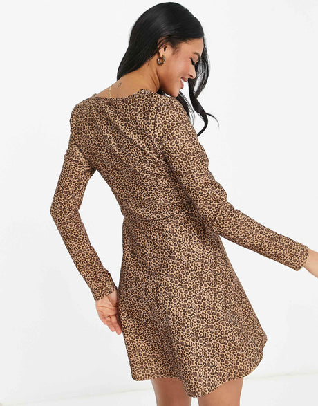Na-Kd X Pamela Leopard Print Sqaure Neck Mini Dress In Multi