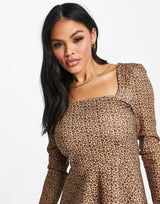 Na-Kd X Pamela Leopard Print Sqaure Neck Mini Dress In Multi