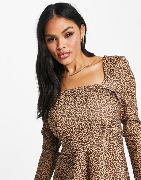 Na-Kd X Pamela Leopard Print Sqaure Neck Mini Dress In Multi