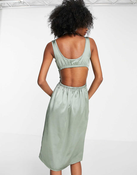 4Th & Reckless Satin Open Back Detail Midi Dress In Sage