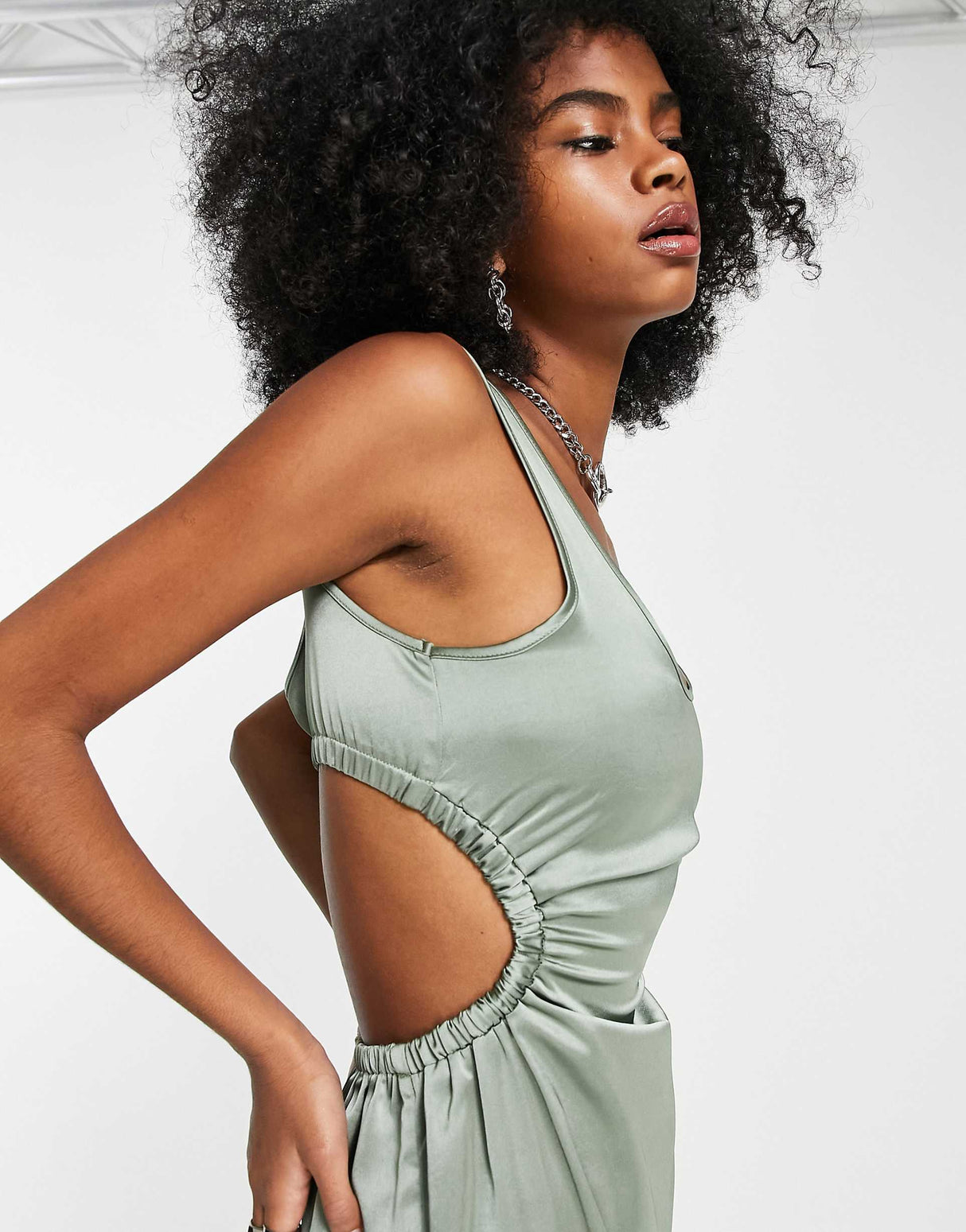 4Th & Reckless Satin Open Back Detail Midi Dress In Sage