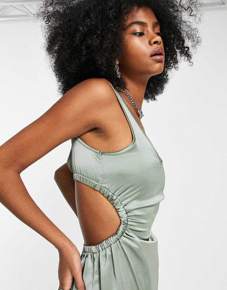 4Th & Reckless Satin Open Back Detail Midi Dress In Sage