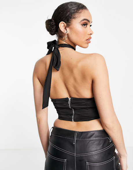 Missguided Halter Neck Wrap Top In Black Satin