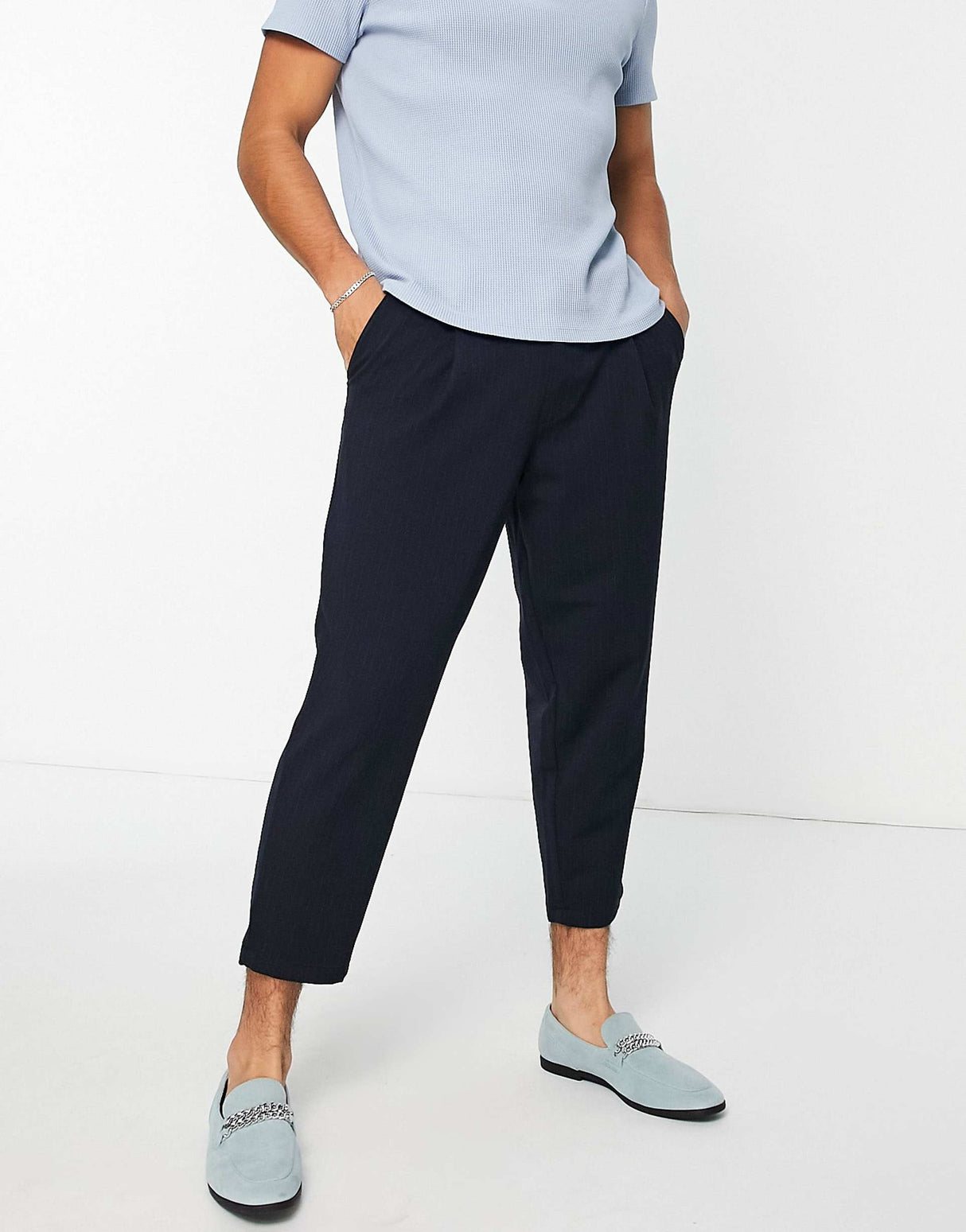Jack & Jones Intelligence Wide Crop Trousers In Navy Pinstripe