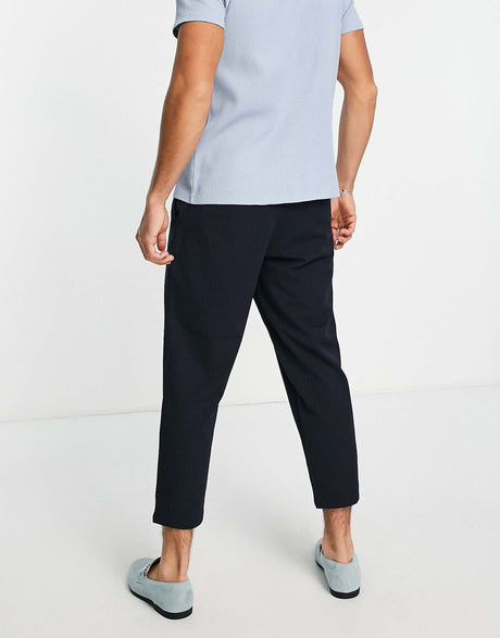 Jack & Jones Intelligence Wide Crop Trousers In Navy Pinstripe