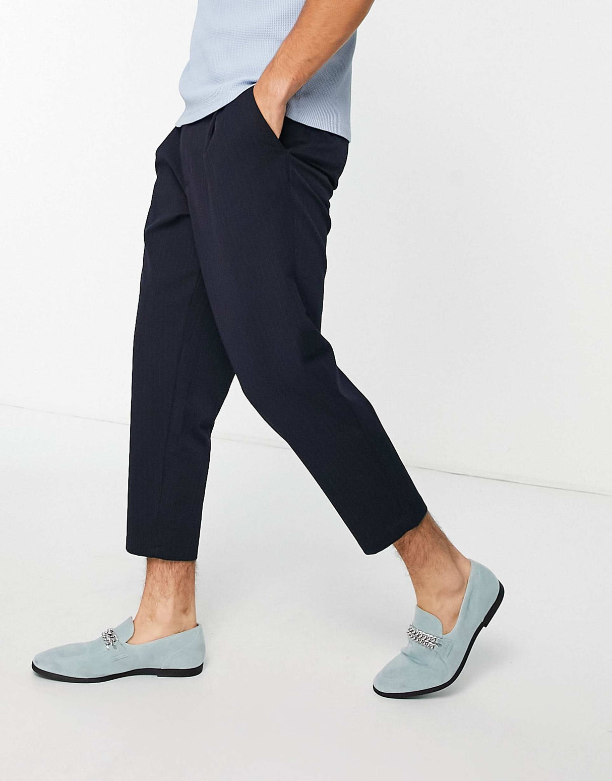 Jack & Jones Intelligence Wide Crop Trousers In Navy Pinstripe