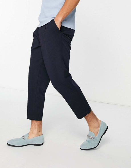 Jack & Jones Intelligence Wide Crop Trousers In Navy Pinstripe