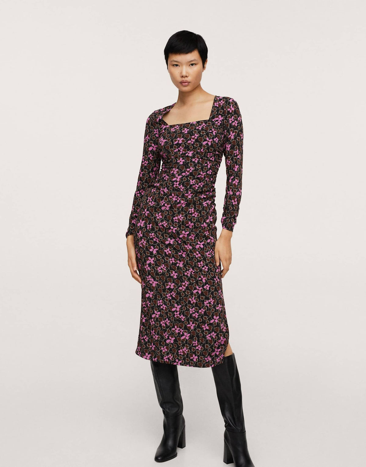 Mango Midi Floral Dress With Square Neck And Side Split In Black
