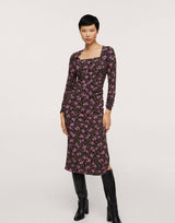 Mango Midi Floral Dress With Square Neck And Side Split In Black