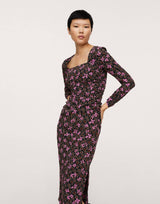 Mango Midi Floral Dress With Square Neck And Side Split In Black