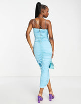 Rare London Ruched Midi Dress With Cami Straps In Blue