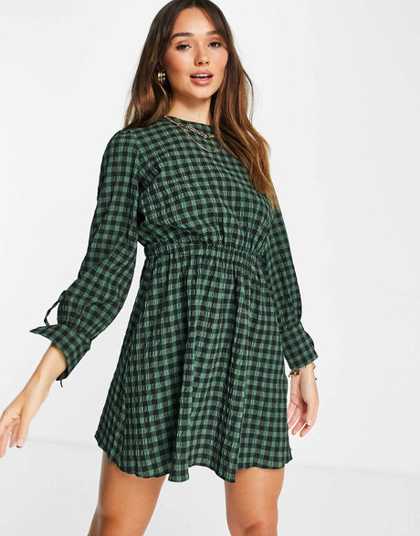 Aligne Recycled Blend Mini Dress With Cut Out Back In Green Check