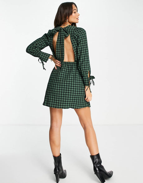 Aligne Recycled Blend Mini Dress With Cut Out Back In Green Check