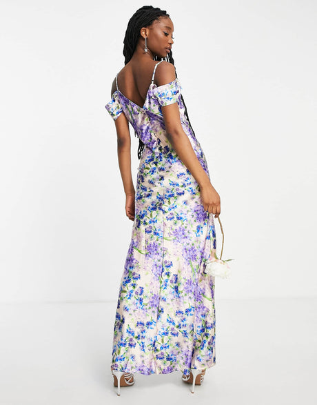 Hope & Ivy Cold Shoulder Maxi Dress In Blue Floral