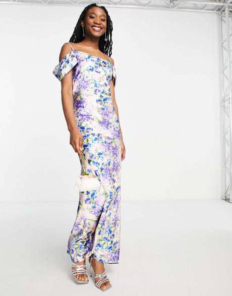 Hope & Ivy Cold Shoulder Maxi Dress In Blue Floral