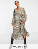 River Island Maternity Leopard Print Wrap Midi Dress In Beige