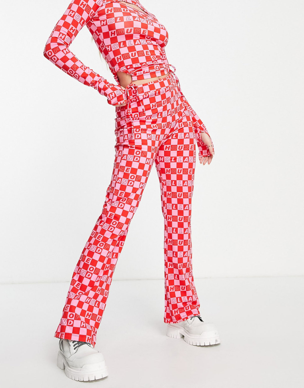 House Of Holland Checkerboard Flared Trouser Co-Ord In Pink